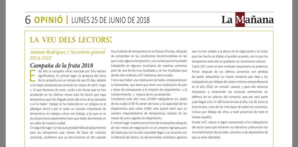 OPINIÓ: 'Campanya de la fruita 2018', article d'Antonio Rodríguez, secretari general de la FICA-UGT