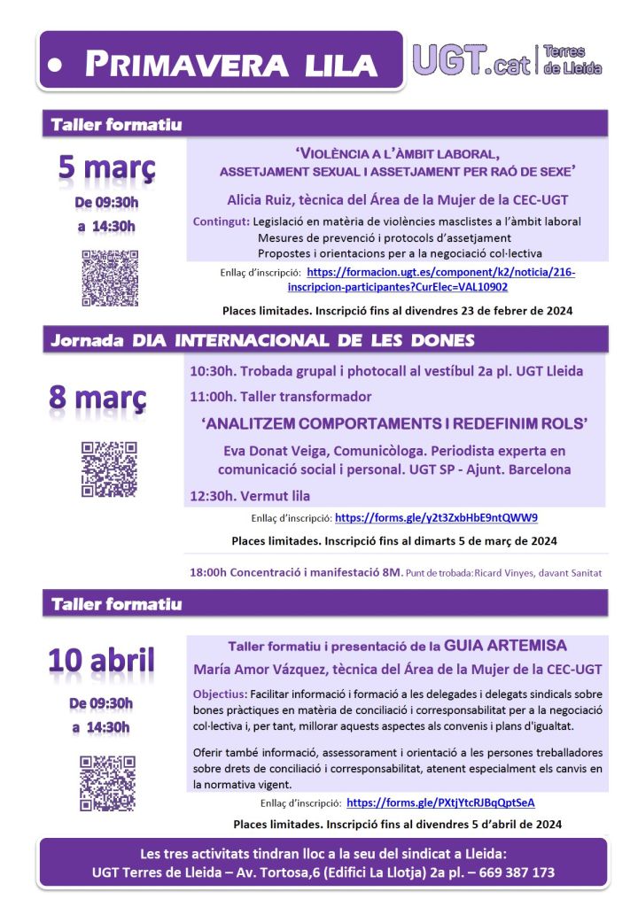 La UGT-Terres de Lleida programa una ‘Primavera Lila’ en el marc del 8 de març