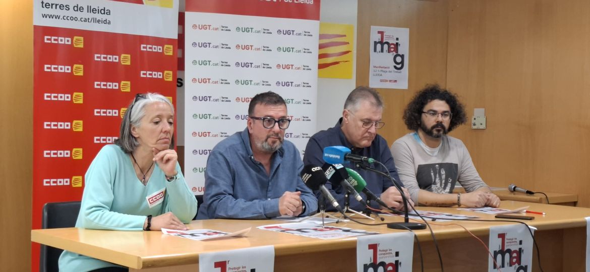 Crida dels sindicats majoritaris a mobilitzar-se aquest Primer de Maig en defensa dels drets laborals i reclamar una jornada laboral més curta. / UGT