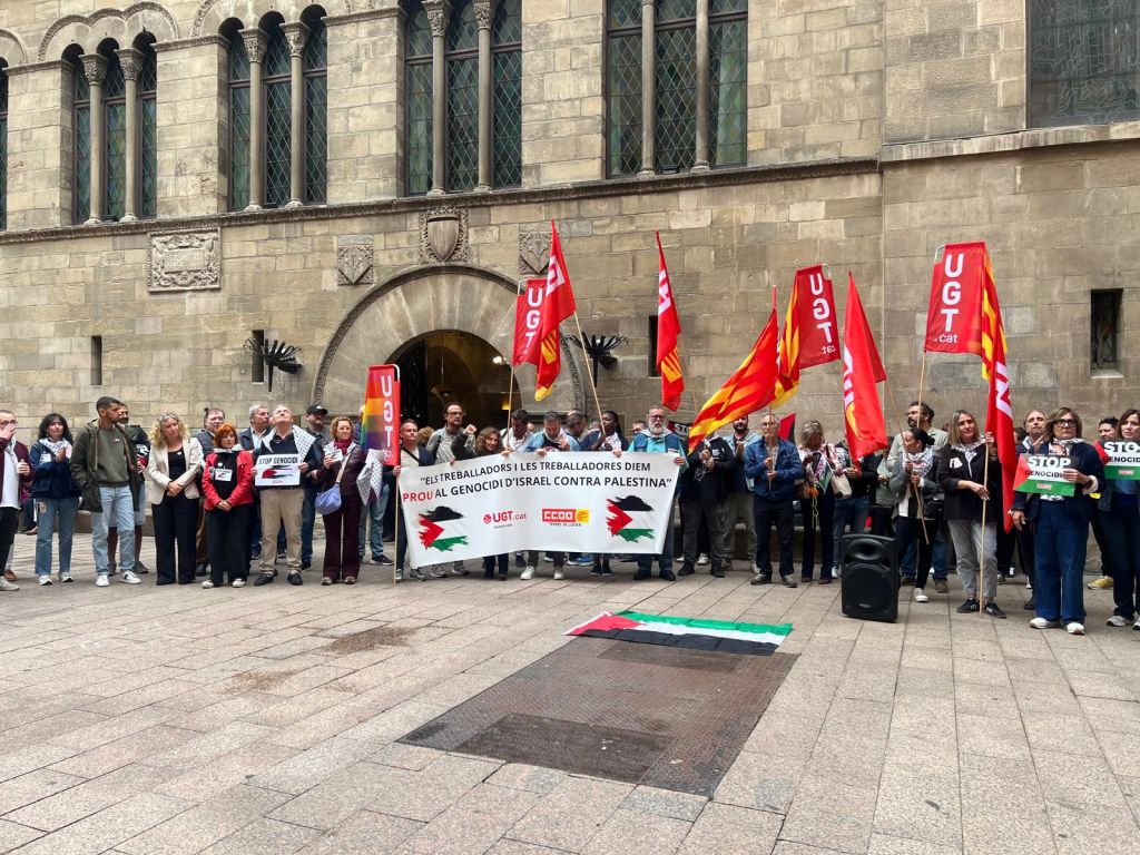 Els sindicats majoritaris convoquen a Lleida una concentració davant l’Ajuntament per exigir el fi del genocidi a Gaza. / UGT de Lleida