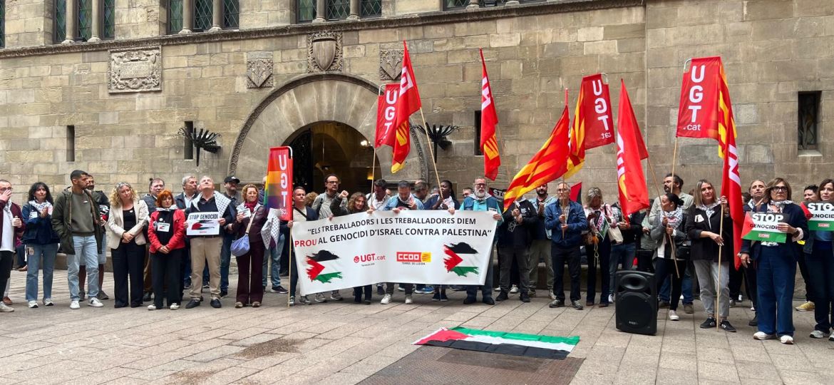 Els sindicats majoritaris convoquen a Lleida una concentració davant l’Ajuntament per exigir el fi del genocidi a Gaza. / UGT de Lleida